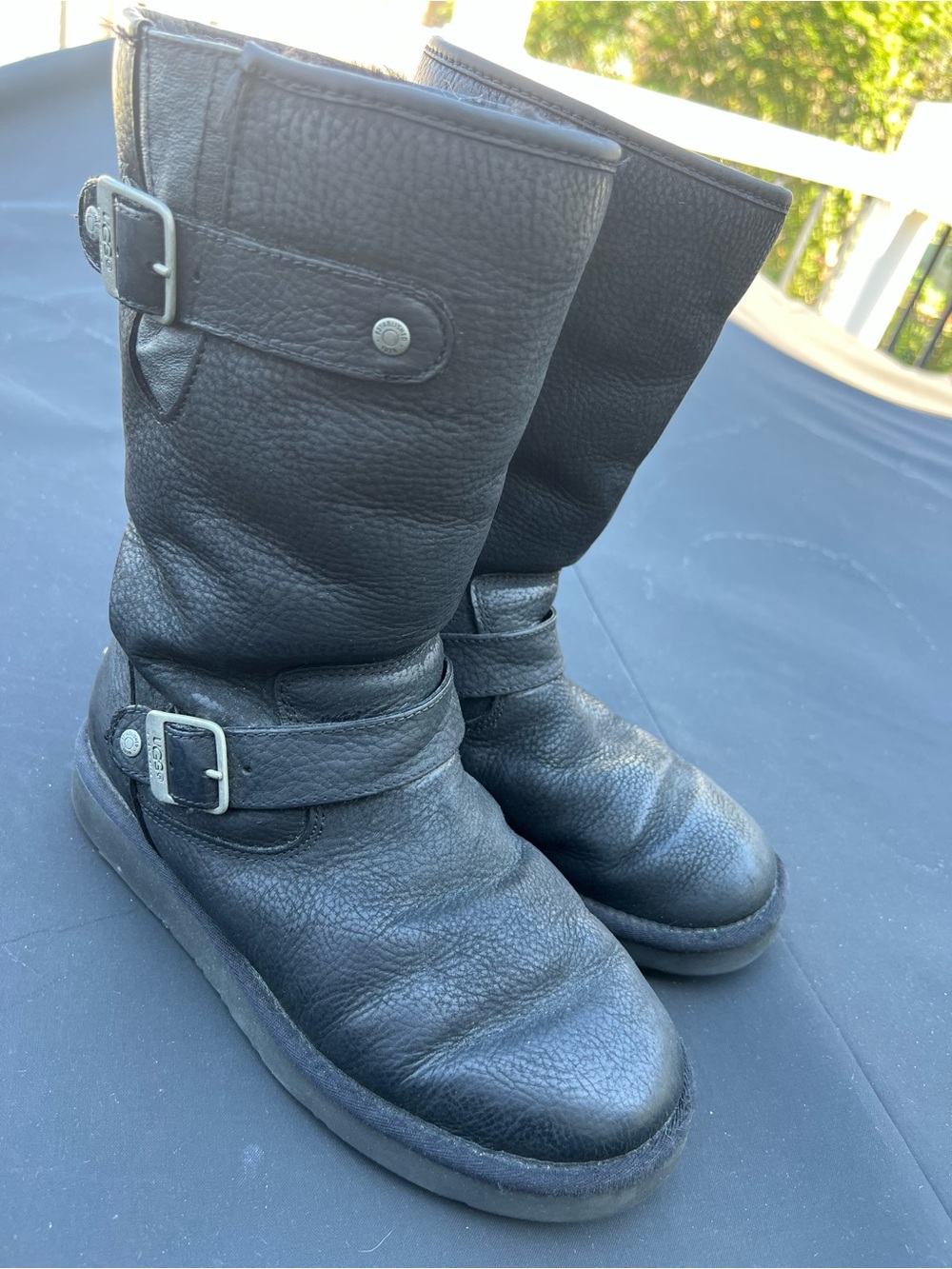 UGG Kensington Black Leather Mid-Calf Buckle Boots with Straps